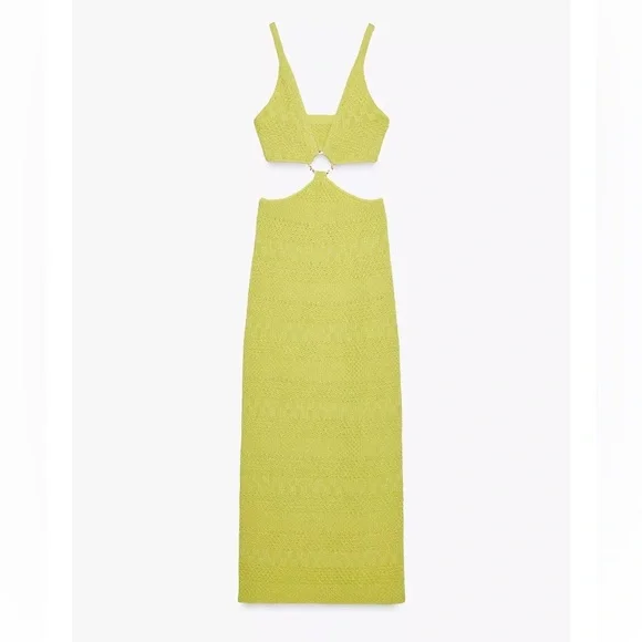 NWT Zara Knit Lime Green Dress Midi Maxi Gold Loop Stretchy Long 2756/013  CutOut - gtkart9.com